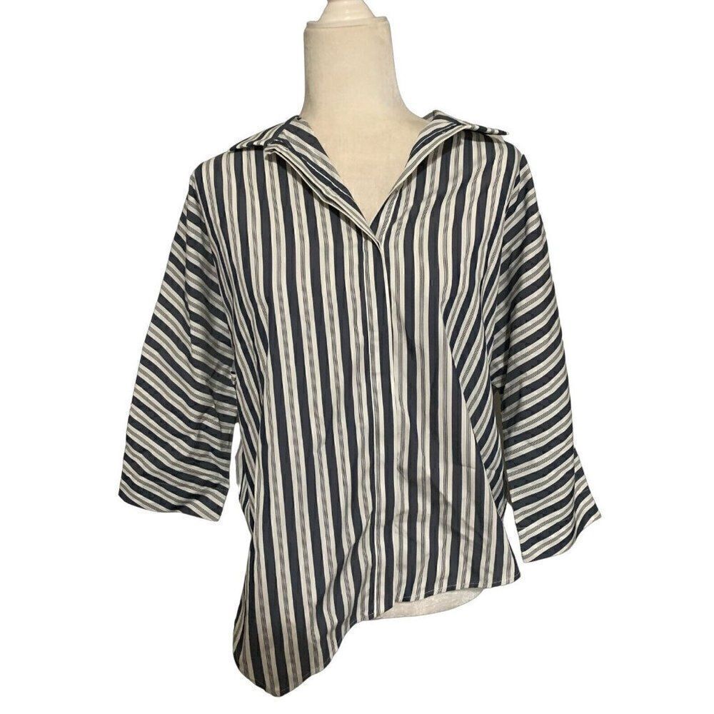 meg shop womens blue gray white long sleeve striped button down top large